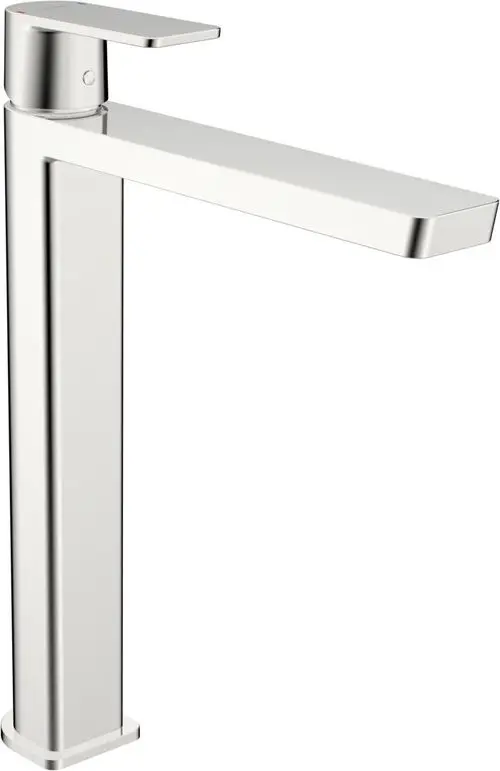 Einhebelmischer in Chrom-Optik von HANSA mit flacher, rechteckiger Armatur und länglichem Auslauf für Waschbeckenmontage.